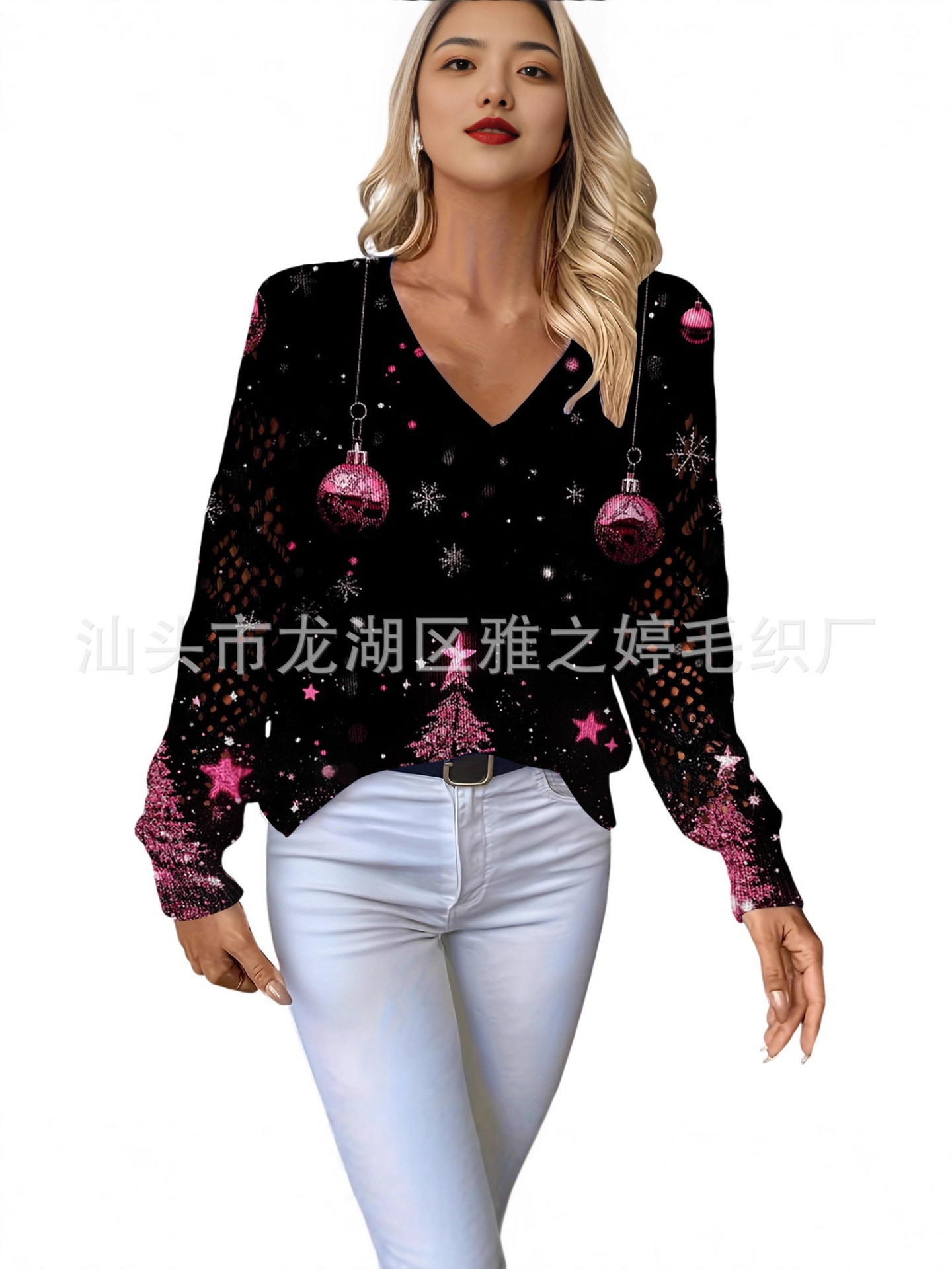 Lxk-Sdvt1-5 Christmas V Neck Cut Out Long Sleeve Pick Hole Pullover 3D Printed Sweater