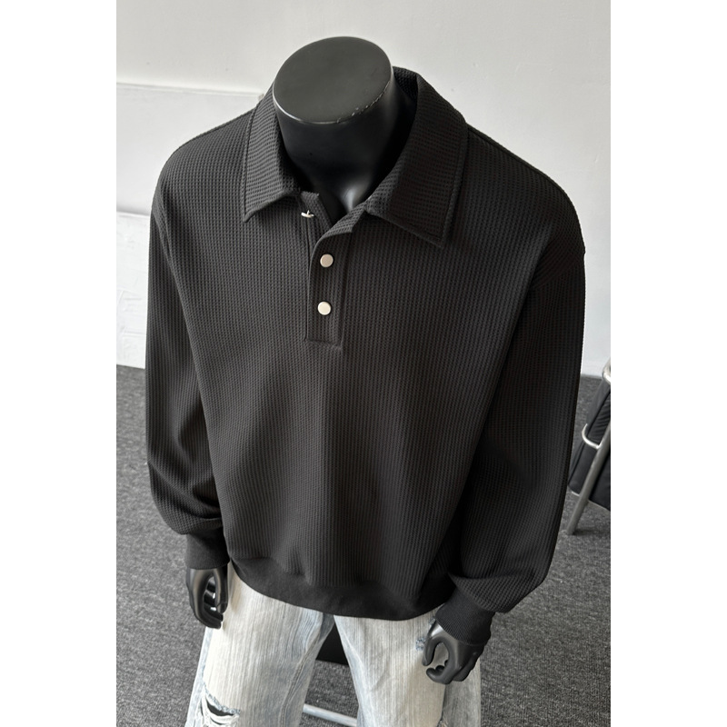 American-style Trendy Solid Color Waffle Knit Old Money Style 2026 Spring New Polo Collar Long-sleeve Sweatshirt, Unisex_voghion.com