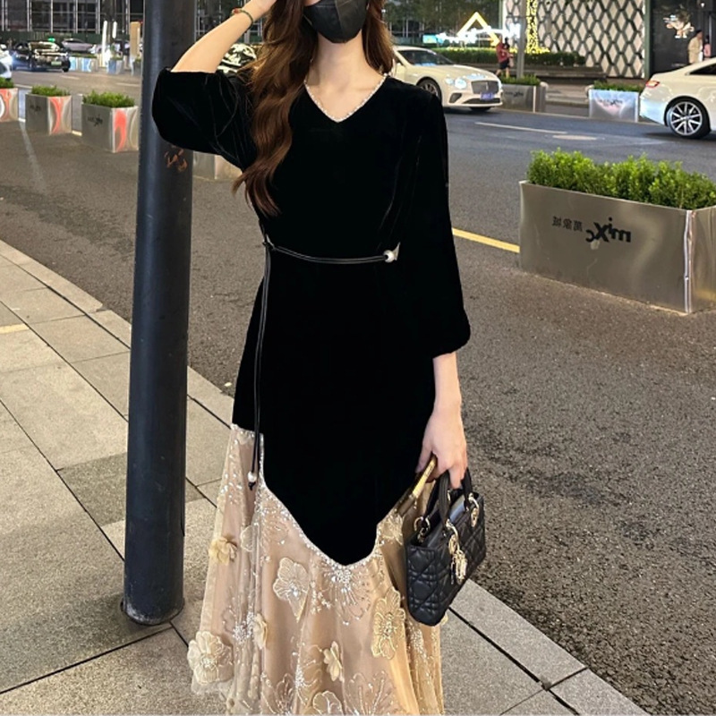 JUEMEI 时髦法式气质连衣裙女秋季新款时髦洋气中长款拼接长裙|undefined