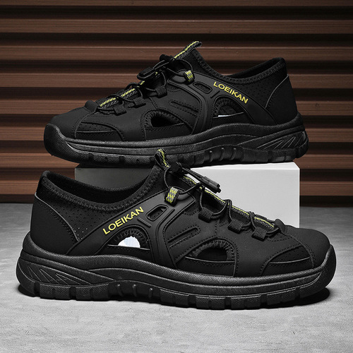 Men's Summer Outdoor Beach Sandals, Breathable Hollow-Out Thick-Soled Lace-Up Color-Block Injection-Molded Casual Shoes for Men