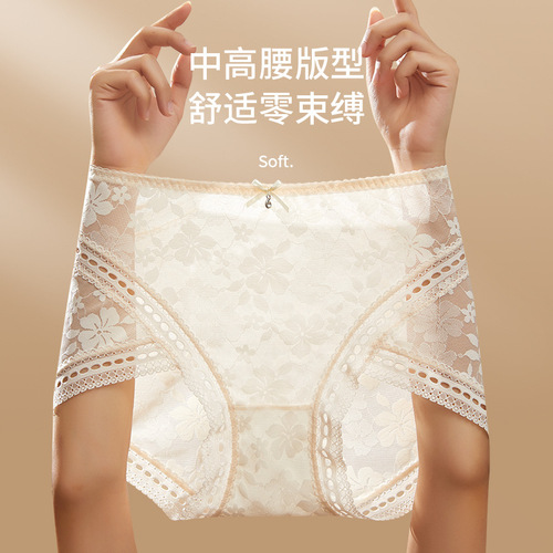 Sexy mesh women's mid-waist underwear silk antibacterial crotch hollow thin lace large size mm triangle shorts manufacturer