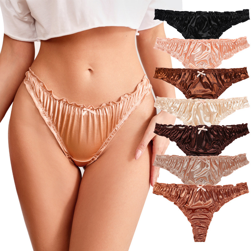 Plus-Size Satin Smooth Ruffled Edge Sexy Pure Desire Panties for Women, Seamless Ice Silk Low-Rise Thong, Tight-Fitting Plus-Size Satin Smooth Ruffled Edge Sexy Pure Desire Panties for Women, Seamless Ice Silk Low-Rise Thong, Tight-Fitting