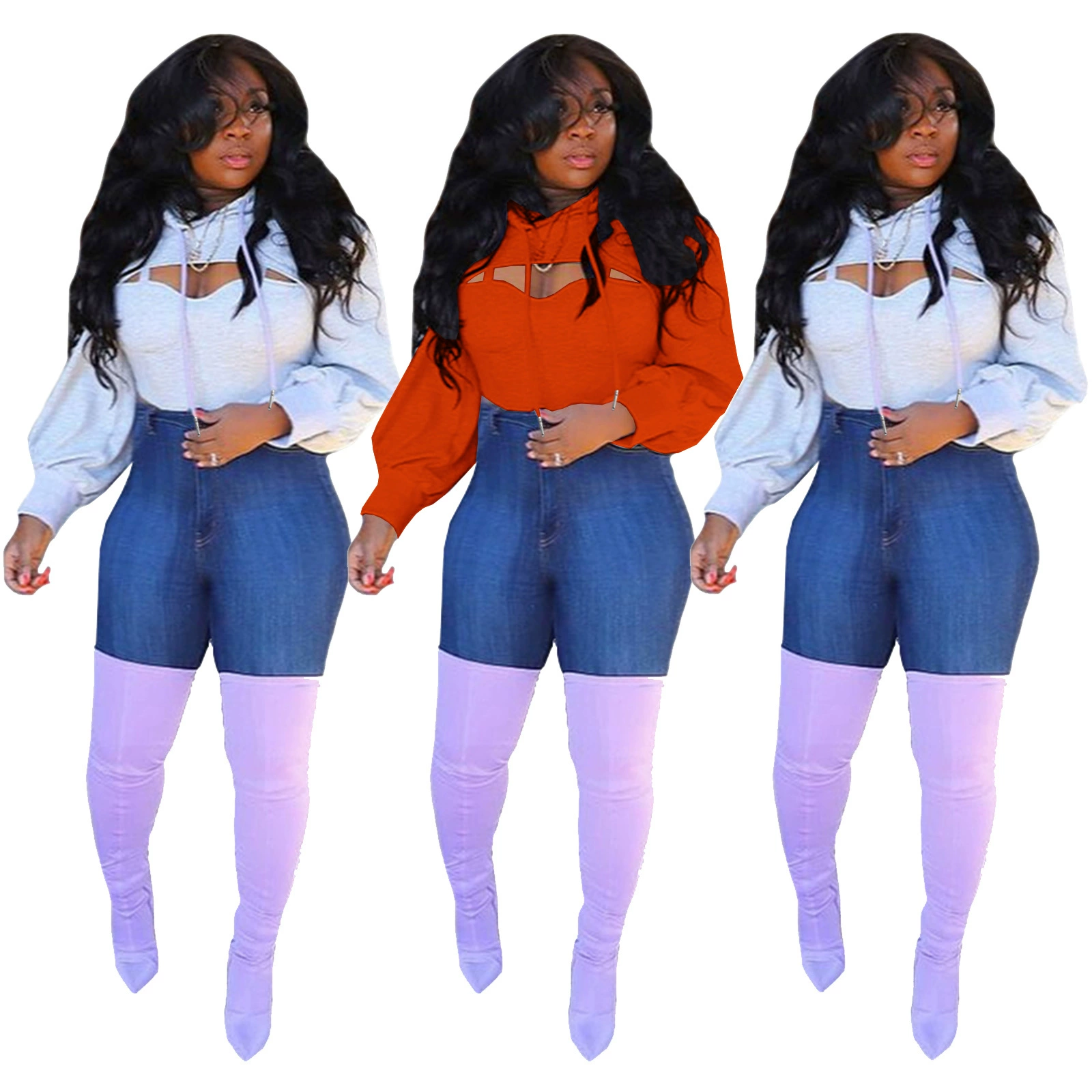 G8088 европейские и американские женские осенне-зимние новые модные повседневные сексуальные однотонные полые свитера с капюшоном