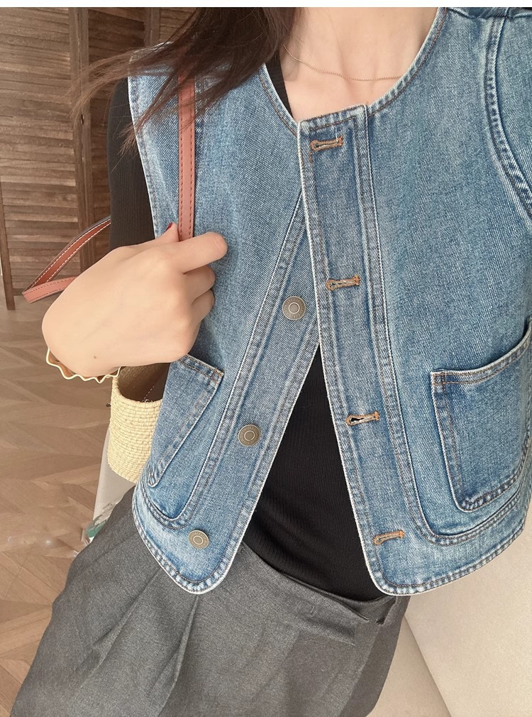 Áo vest denim nữ ngắn tay rộng rãi phong cách thời trang xuân hè — Xanh denim chi tiết 1