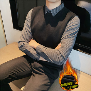 Winter high-grade fleece-lined thickened fake two-piece shirt collar sweater men's fashion pullover JR1512