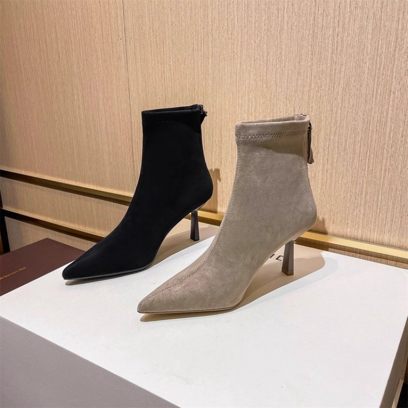 Dai Yao's Same Style "Big Beauty" 5.5cm Pointed Toe Thin Heel Slim Boots for Women, Suede Soft Sole, Comfortable High Heels with Added Fleece