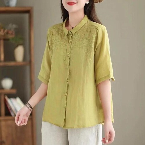 New style national style retro small square collar embroidered shirt with five quarter sleeves temperament age-reducing small shirt for women