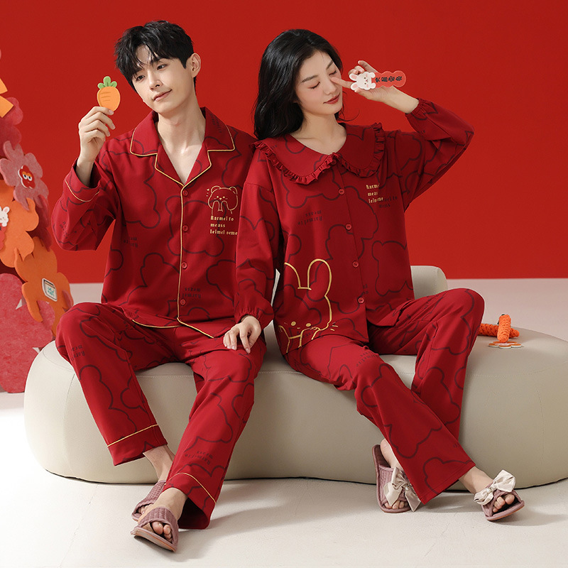 (2개) 커플 파자마 레드 긴팔 정장 순면 여성 봄 가을 남성 신혼 가을 겨울 조디악 연도 홈 의류