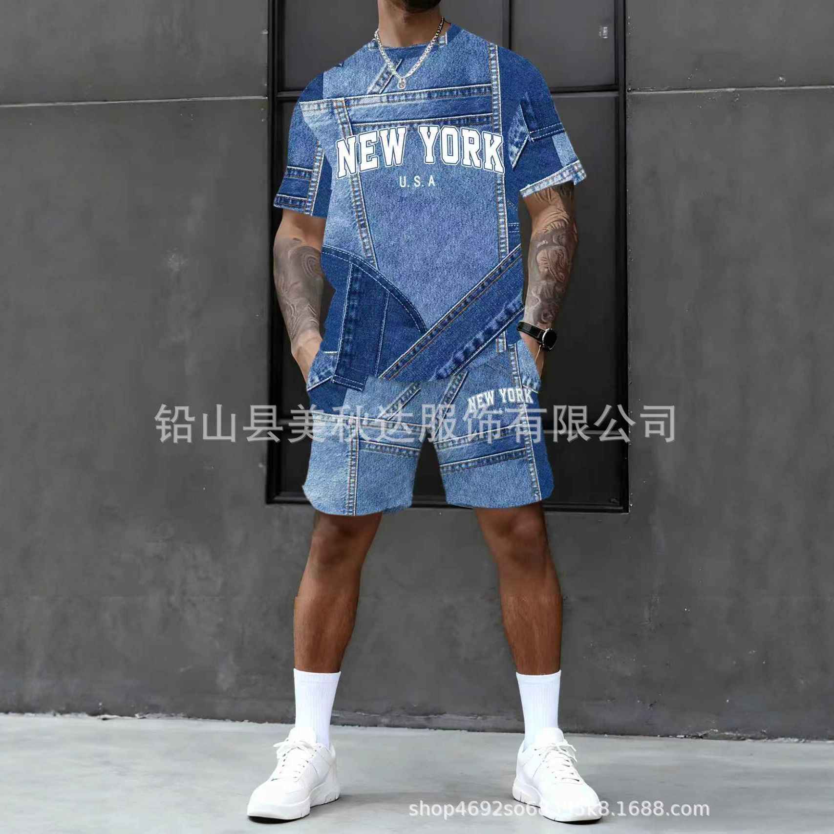新款跨境男装休闲仿牛仔3D印花短袖短裤潮流速干圆领男士套装