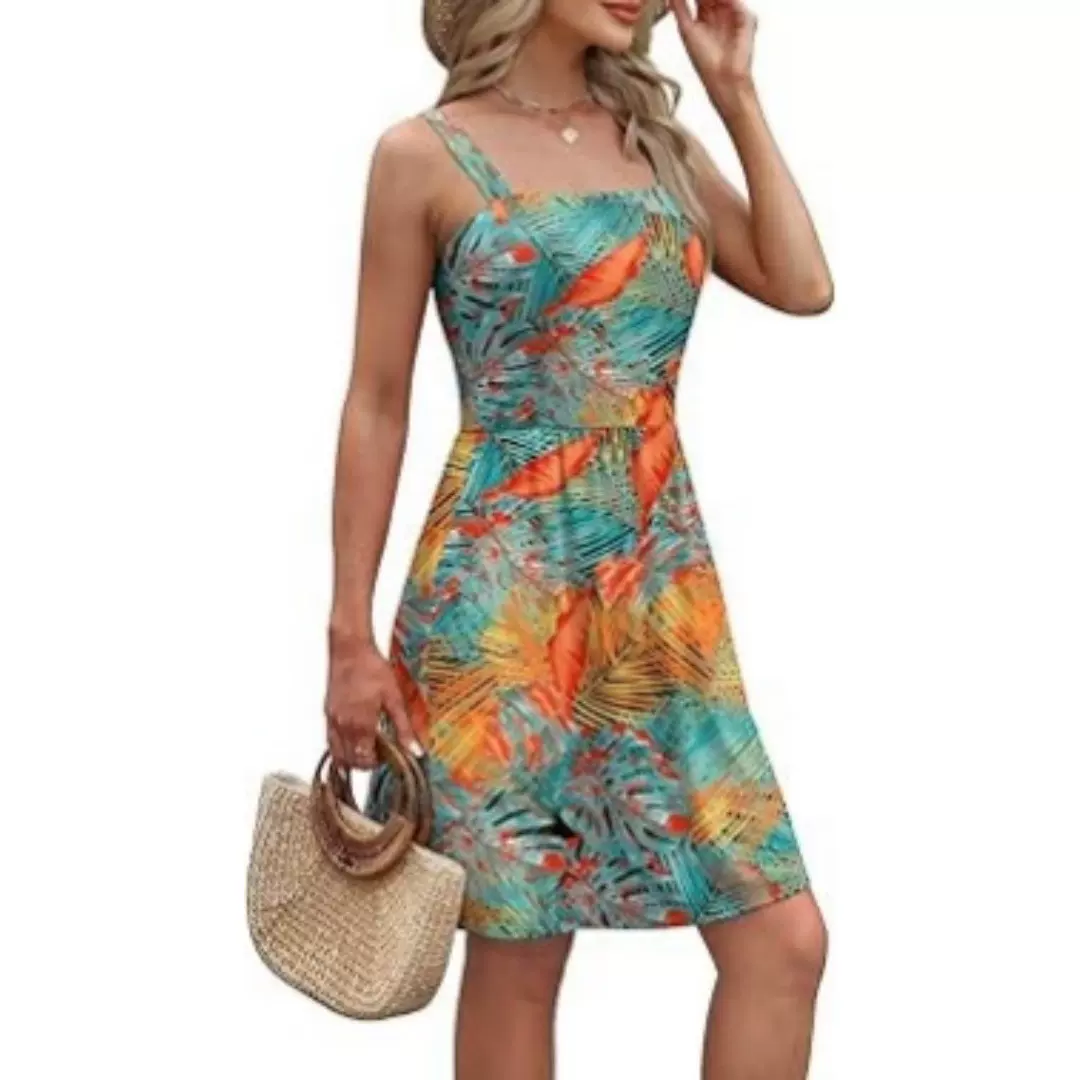 2025新款夏季亚马逊跨境新款修身时尚印花连衣裙大码无袖长裙