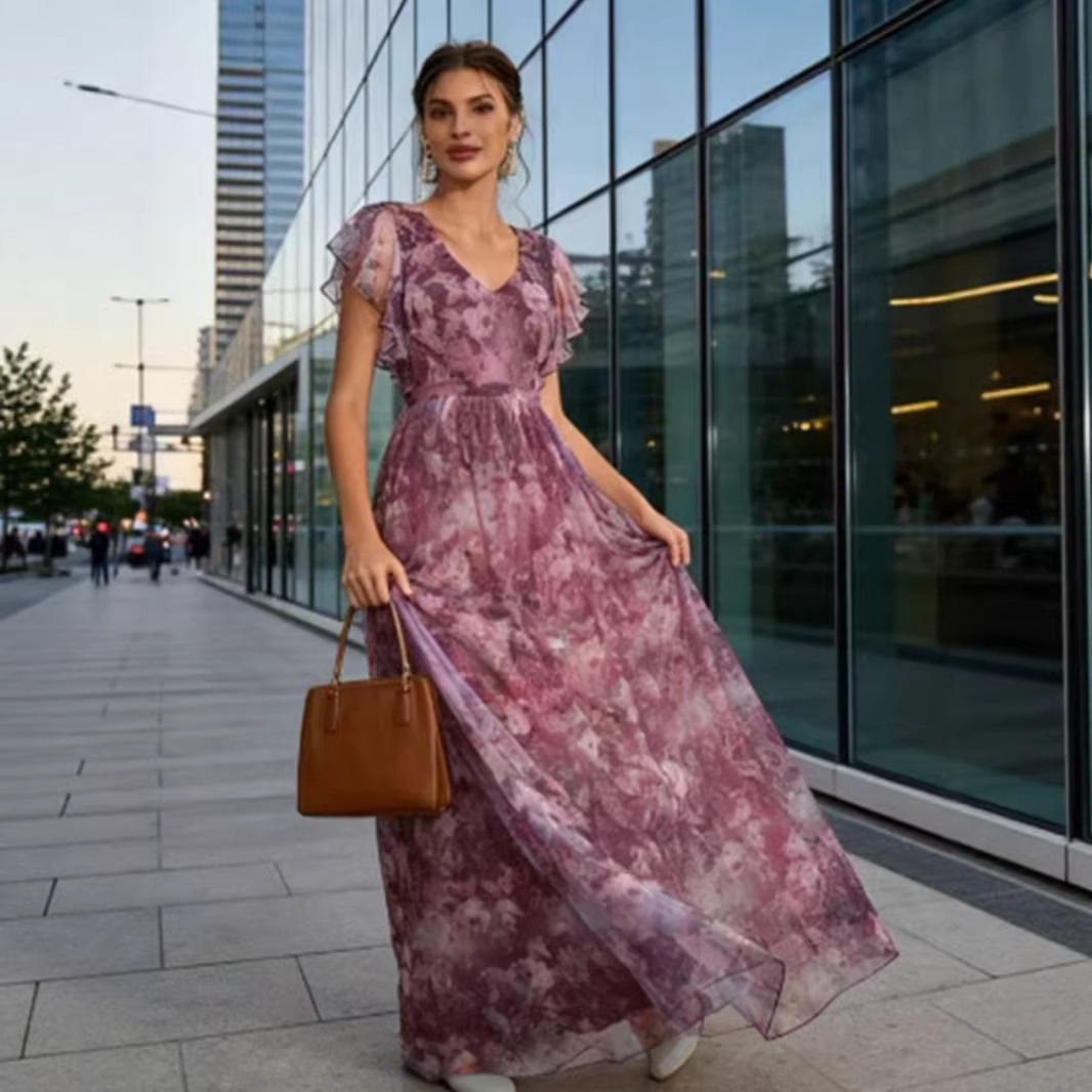 Women V Neck Floral Print Mesh Ruffle Hem A Line Big Swing Party Dress Bridesmaid Dress Prom Evening Gown_ecoleips.com