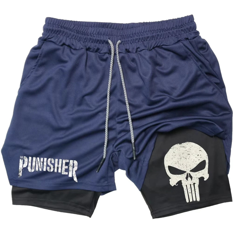 Marvel Punisher Gym Shorts Men's Fitness 2 in 1 Anime Show Shorts Mesh Quick-Dry Sports Shorts