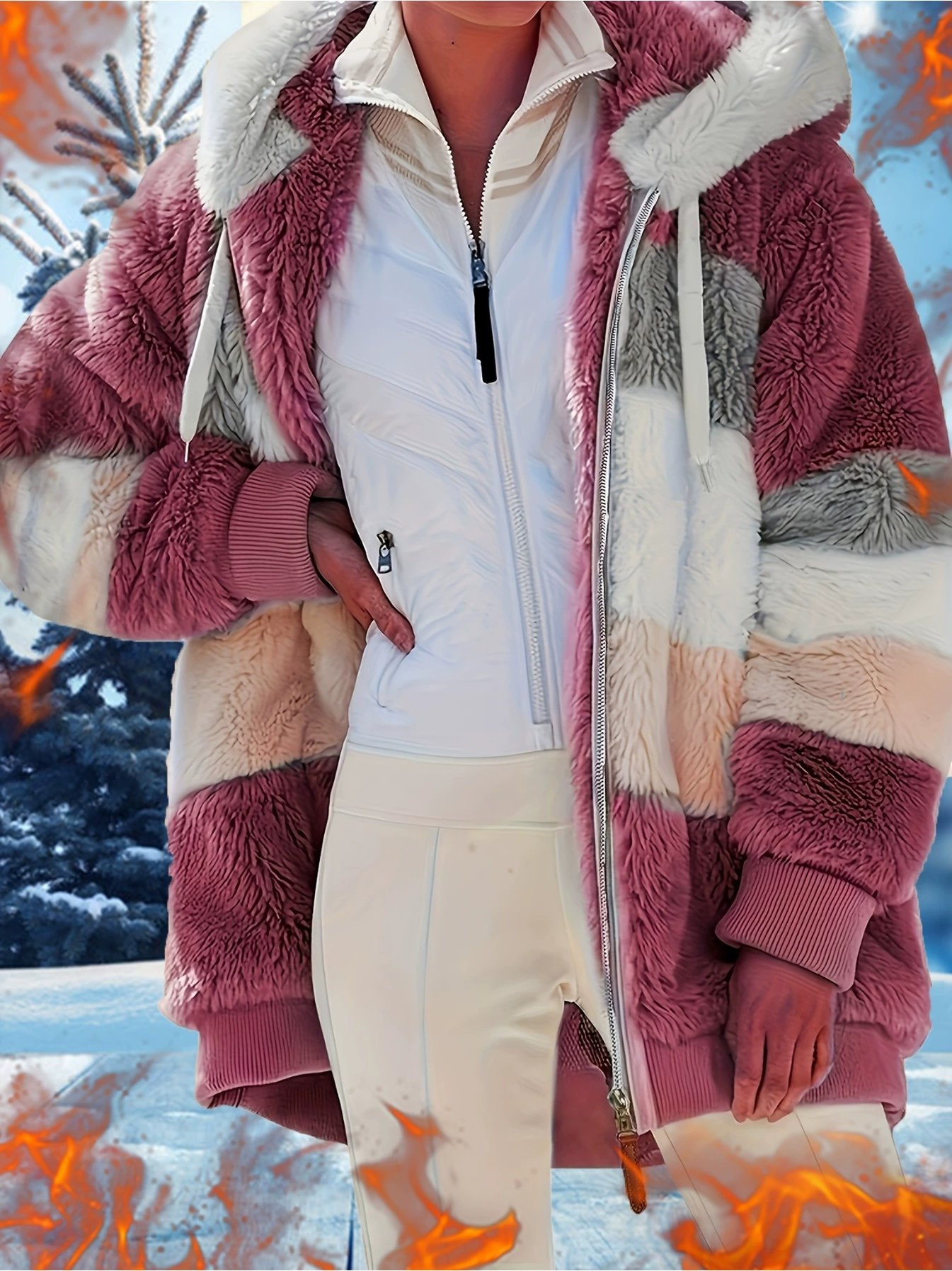 2025 cross-border new European and American loose furry color-blocking thickened wool casual top
