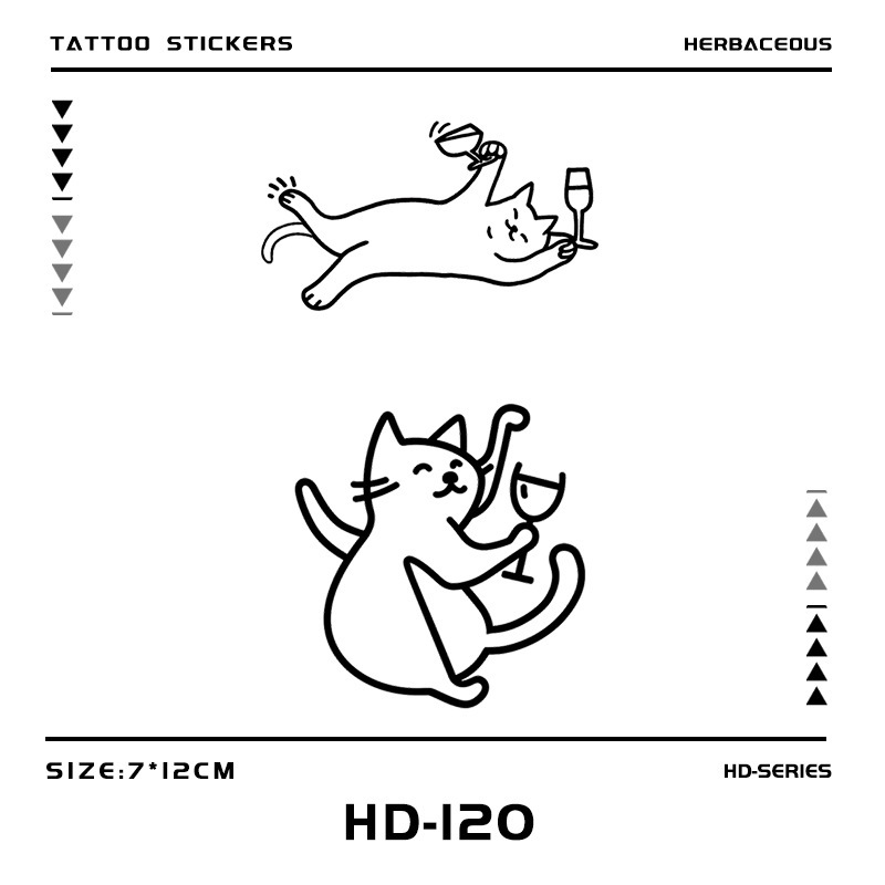 Happy Cat Drunk Party Herbal Semi-Permanent Tattoo Stickers for Men and Women, Realistic Fake Tattoos, Waterproof, Long-Lasting, Simple Design for the Back of the Hand