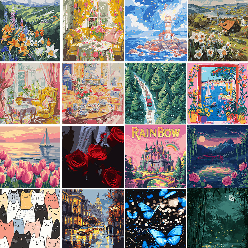 Treasure Bay Digital Oil Painting DIY Landscape Series Filled with Kidsren's Cartoon Coloring Decompression Oil Painting Digital Painting