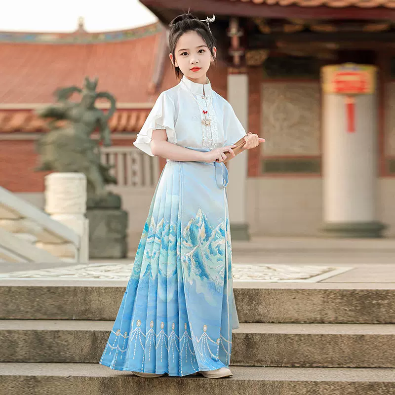 女童夏季马面服新款儿童复古风汉服唐装小女孩短袖半身裙两件套装