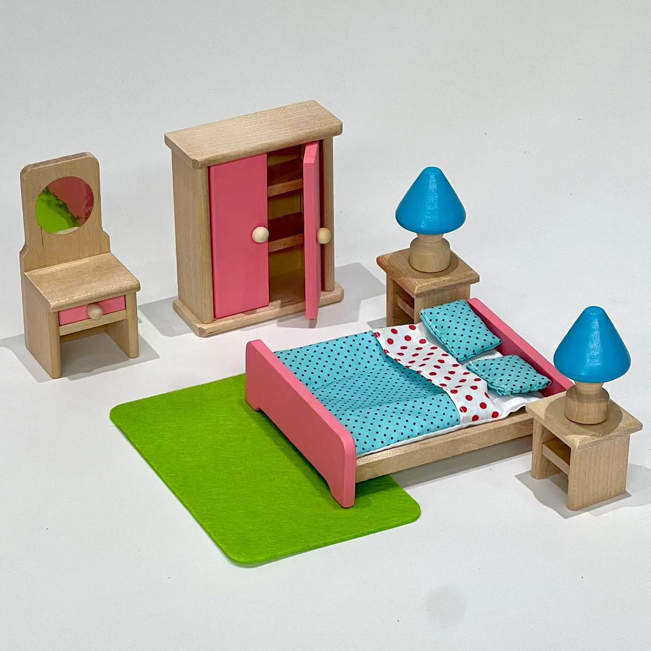 Mini conjunto completo familia juguetes de madera niños jugar casa linda simulación muebles pequeños traje noche mercado juguetes pequeños