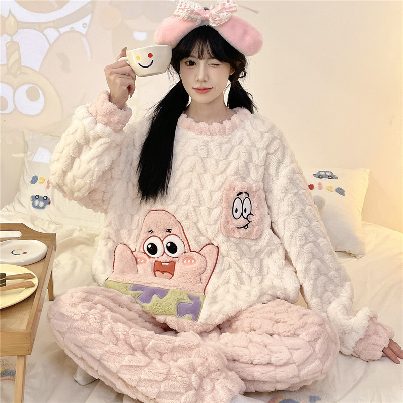 Pink Pie Big Star Lamb Velvet Pajamas Women's Autumn and Winter New Style Plus Velvet Thickened Cute Coral Velvet Home Clothes Winter Pink Pie Big Star Lamb Velvet Pajamas Women's Autumn and Winter New Style Plus Velvet Thickened Cute Coral Velvet Home Clothes Winter