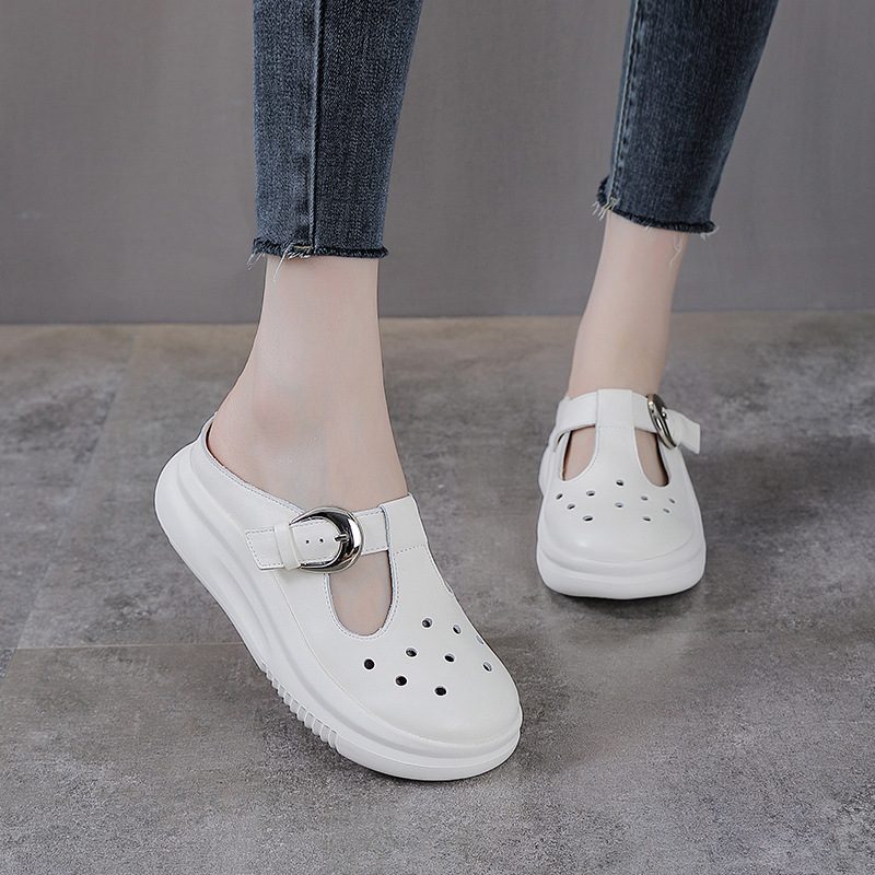 Dép xỏ ngón nữ da bò đế dày phong cách Birkenstock — màu be