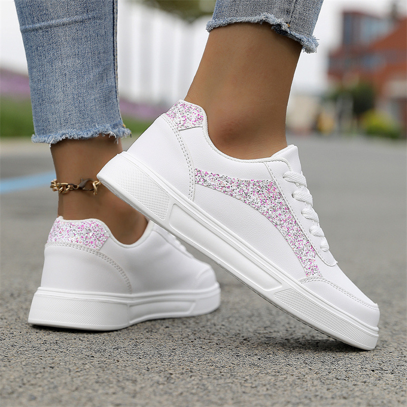 Cross-Border New Style White Sneakers for Women, Spring and Autumn Fashion Running Sports Shoes, Sequined Color-Blocking Flat Casual Lace-Up Sneakers Cross-Border New Style White Sneakers for Women, Spring and Autumn Fashion Running Sports Shoes, Sequined Color-Blocking Flat Casual Lace-Up Sneakers