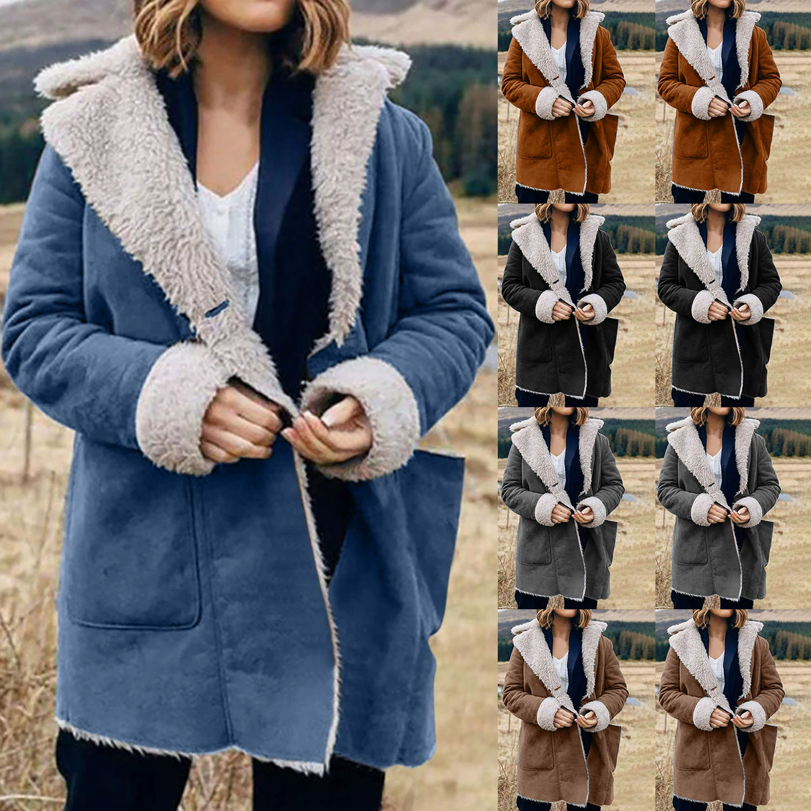 Трансграничное европейско-американское осенне-зимнее городское повседневное пальто с длинными рукавами, отложным воротником, утепленное, на плюшевой подкладке, для женщин, модная зимняя верхняя одежда.