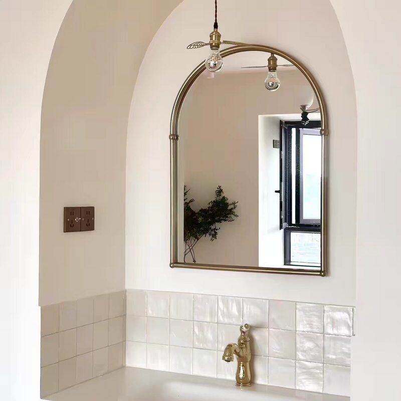 French-style vintage arch-shaped bathroom mirror, simple wall-mounted Nordic-style bathroom wall mirror, Bauhaus dressing mirror French-style vintage arch-shaped bathroom mirror, simple wall-mounted Nordic-style bathroom wall mirror, Bauhaus dressing mirror