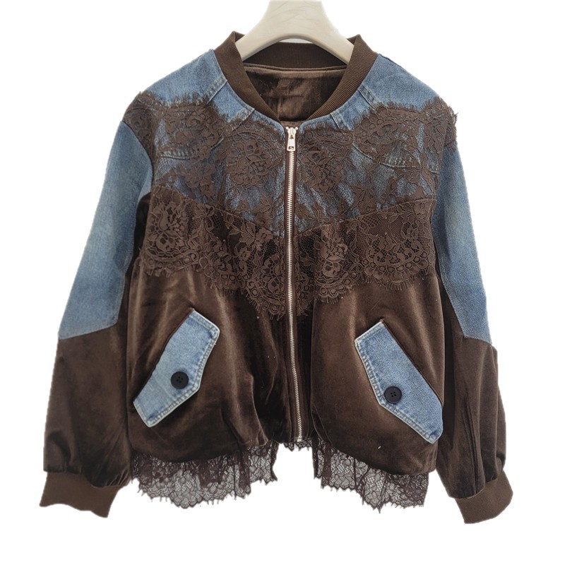 2026 primavera nuevo diseño de encaje de moda sensación suelta chaqueta denim de terciopelo de moda
