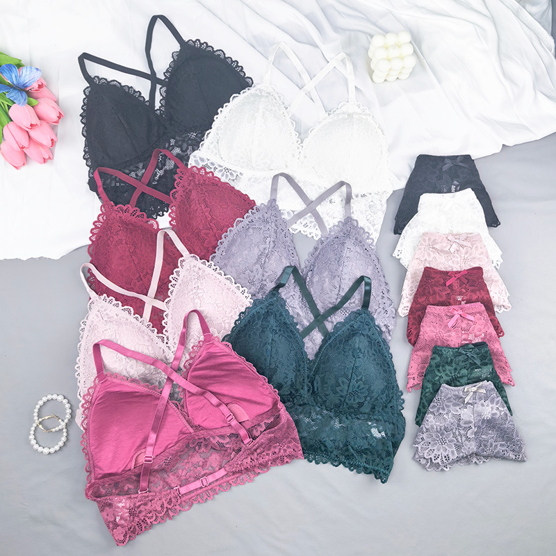 Conjunto de sujetadores de encaje transfronterizo cómodo y sexy, sin anillo de acero, ropa interior para niñas, confortable y pro-piel, conjunto de sujetadores