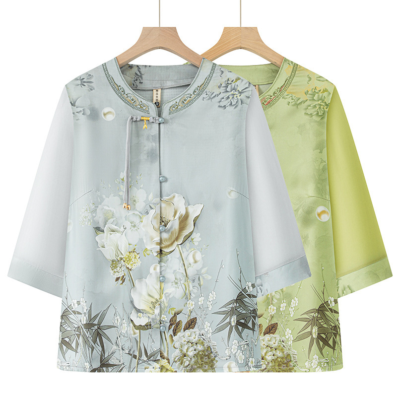 Mom's Summer Clothes 2025 New Shirts for Middle-Aged and Elderly Women T-Shirts Grandma Clothes Mother-In-Law Clothes Summer Chinese Style T-Shirts
