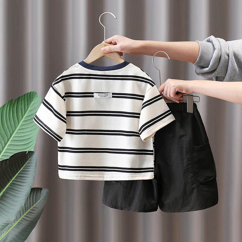 7161 Traje de manga corta a rayas para niños Traje fino de verano para niños 2025 Nuevo vestido de verano para bebés Ropa de dos piezas