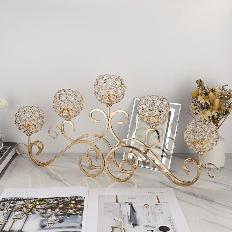 Candelaria de cristal transfronteriza de cinco cabezas creativa europea de hierro forjado romántica cena de velas decorativa de candelabros