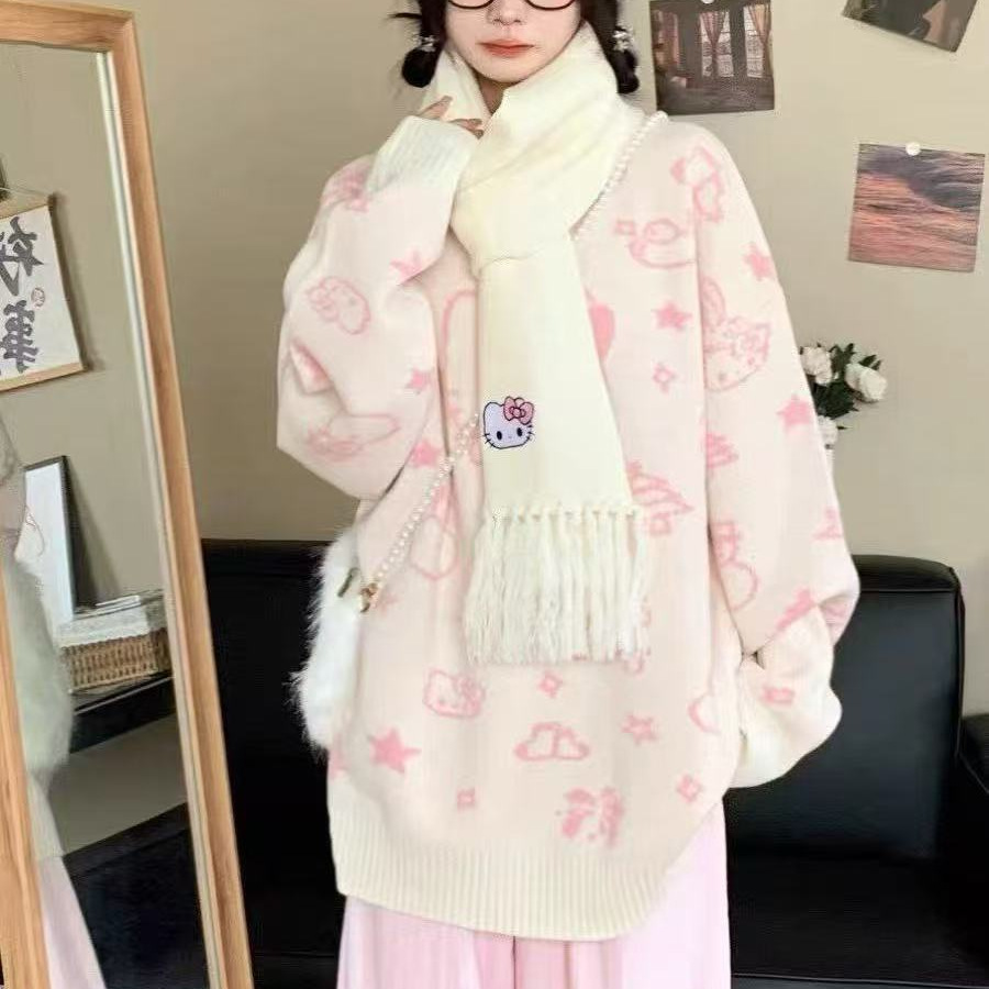 Cartoon Cat Knitwear for Women in Autumn and Winter Loose Round Neck Knitwear Sweet Cool Lazy Style Soft Waxy Top Casual and Versatile