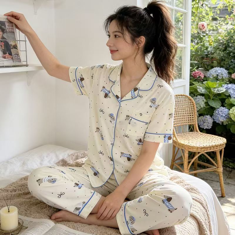 Nube de algodón pijama de mujer impresión suelta delgada pantalones de manga corta de dos piezas pareja se puede usar ropa de hogar grande