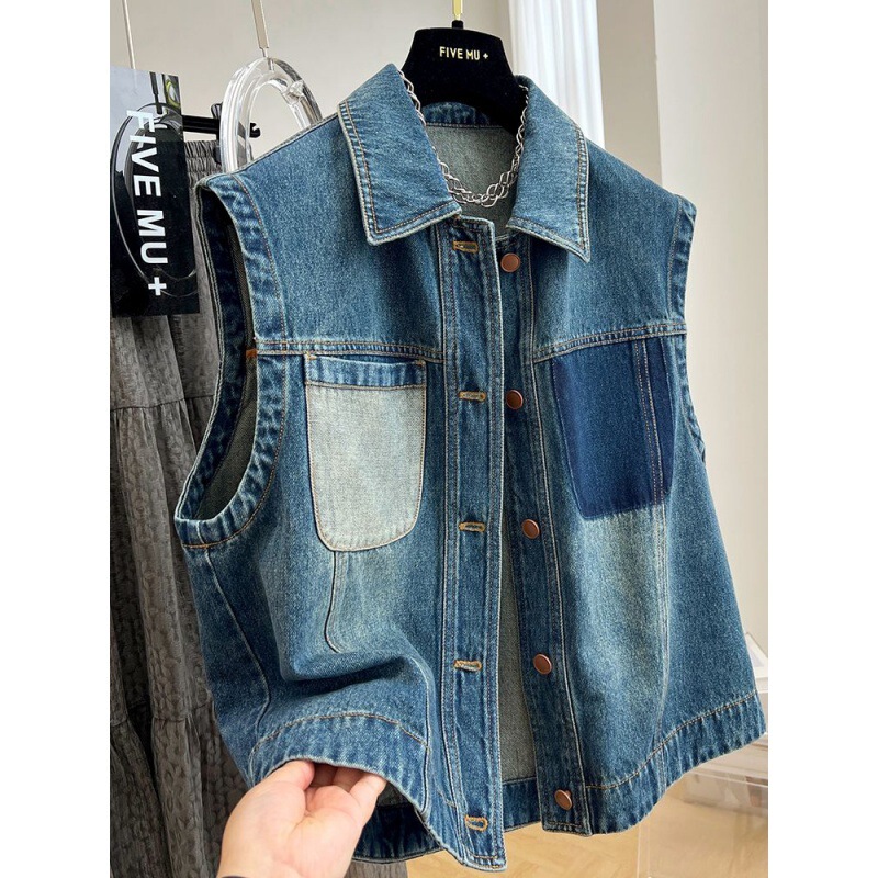 Autumn 2024 New Design Sense Niche Unique Casual Denim Vest Jacket Women's Loose Sleeveless Jacket