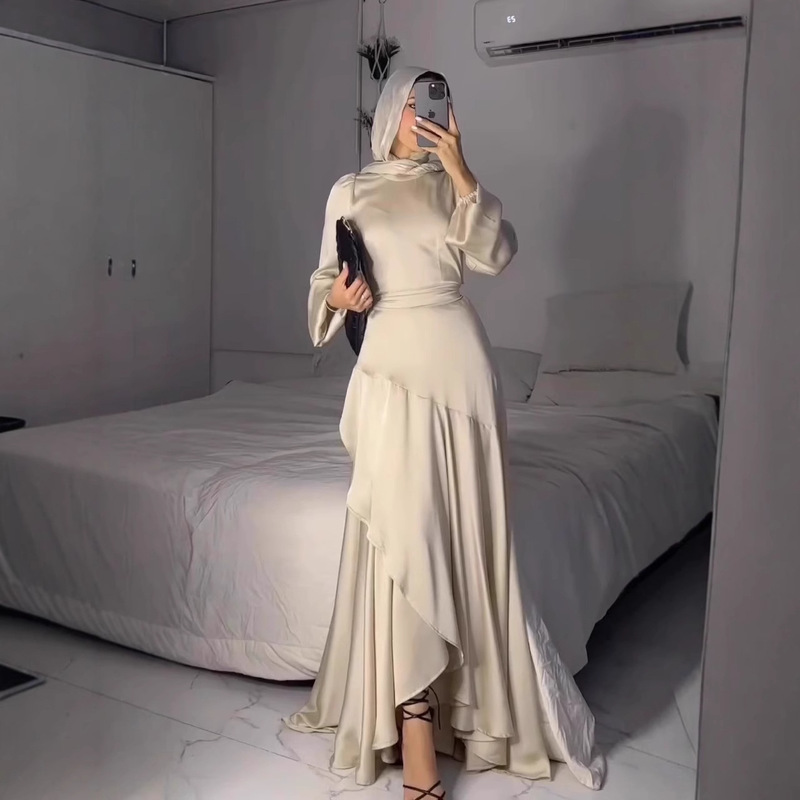 Amazon European and American Cross-Border 2025 Summer New Fashionable and Elegant Silky Long-Sleeved Long Skirt Dress for Women