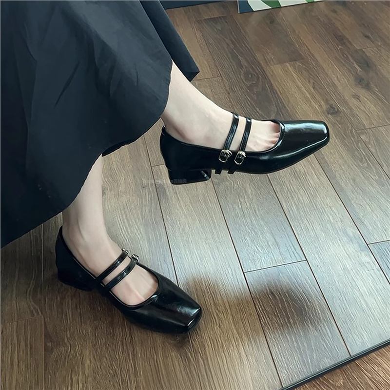 香港复古方头晚风单鞋女2025夏季新款时尚粗跟一字带浅口玛丽珍鞋|undefined