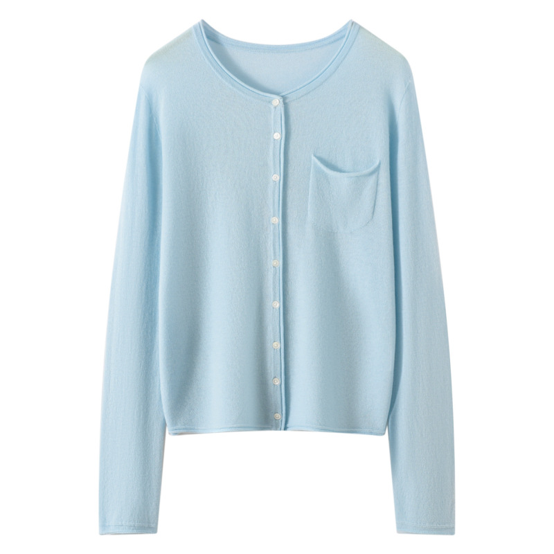 Silk and wool blend, rolled-edge, round-neck, lightweight knitted cardigan for women, autumn style, with pockets, long sleeves, button-down, soft and comfortable top Silk and wool blend, rolled-edge, round-neck, lightweight knitted cardigan for women, autumn style, with pockets, long sleeves, button-down, soft and comfortable top