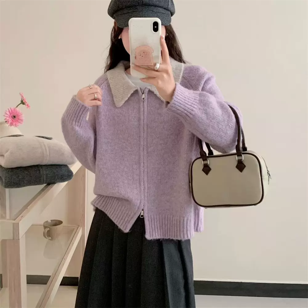 高级感双拉链POLO领拼接针织开衫上衣女秋冬新款慵懒风毛衣外套女
