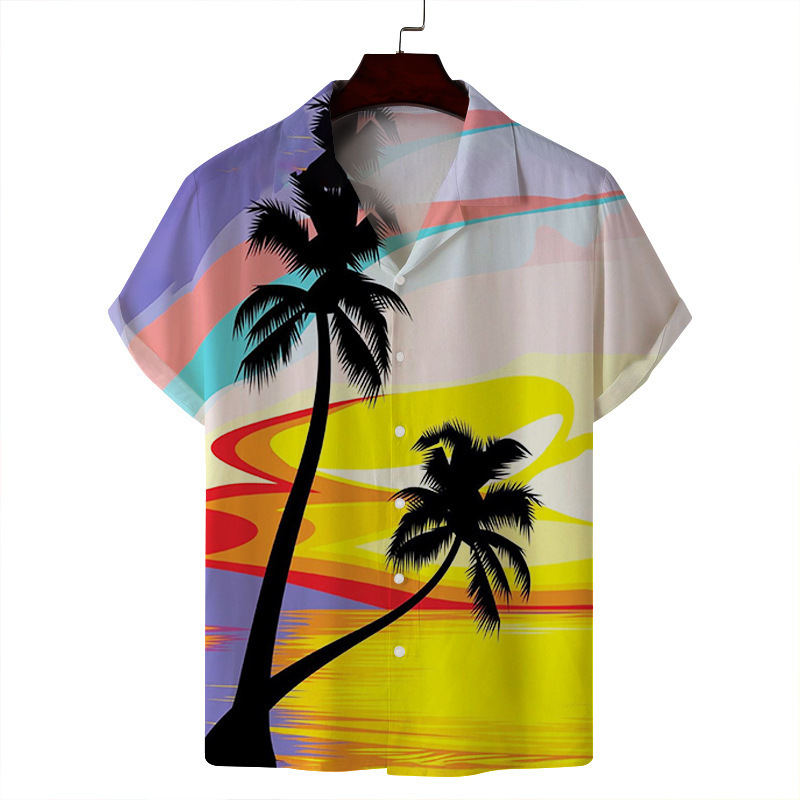 2024 verano hombre delgado casual cuello cubano moda cara hawaiana elástica camisa de manga corta con estampado digital 3D