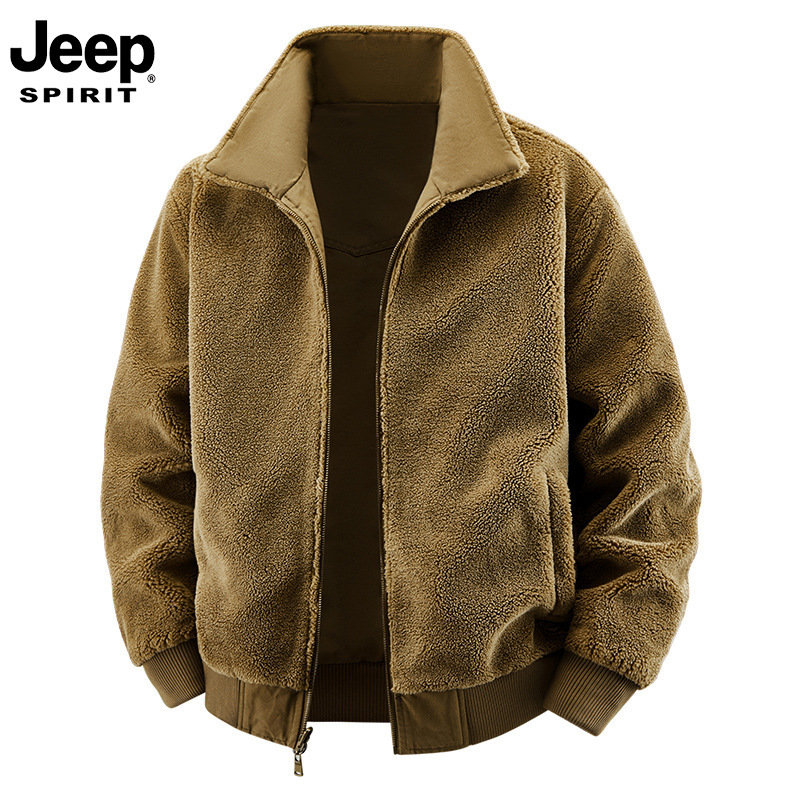 JEEP SPIRIT品牌羊羔绒外套男秋冬季加绒加厚棉衣军绿驼色棕色米|undefined