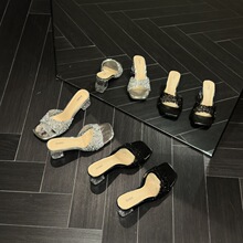 跨境2024夏季新款拖鞋女透明水钻方头一字水晶高跟时尚粗跟一字拖