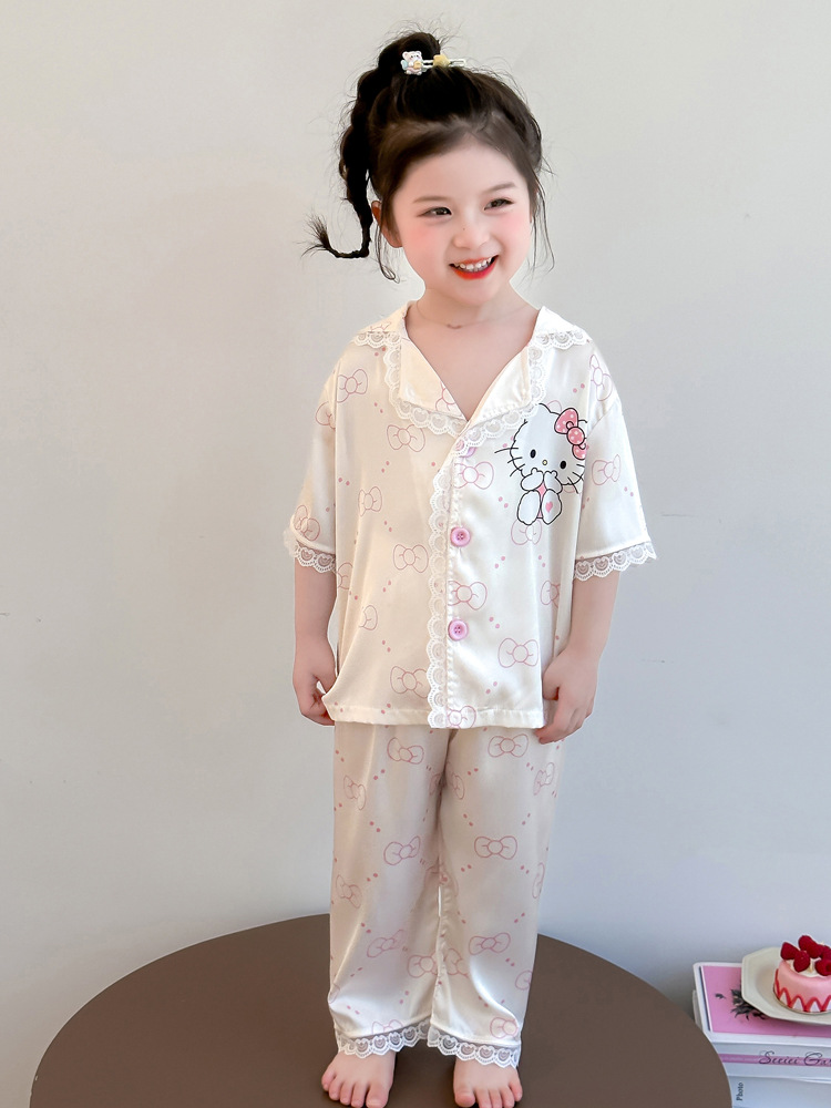 Pijamas para niñas 2025 nuevo estilo de verano para niños, traje de encaje de manga corta de seda de hielo, ropa de casa para bebés lindos de dibujos animados