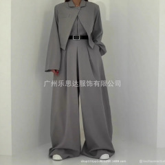 现货中东亚马逊独立站欧美跨境女装露肩连体裤夹克式外套通勤套装