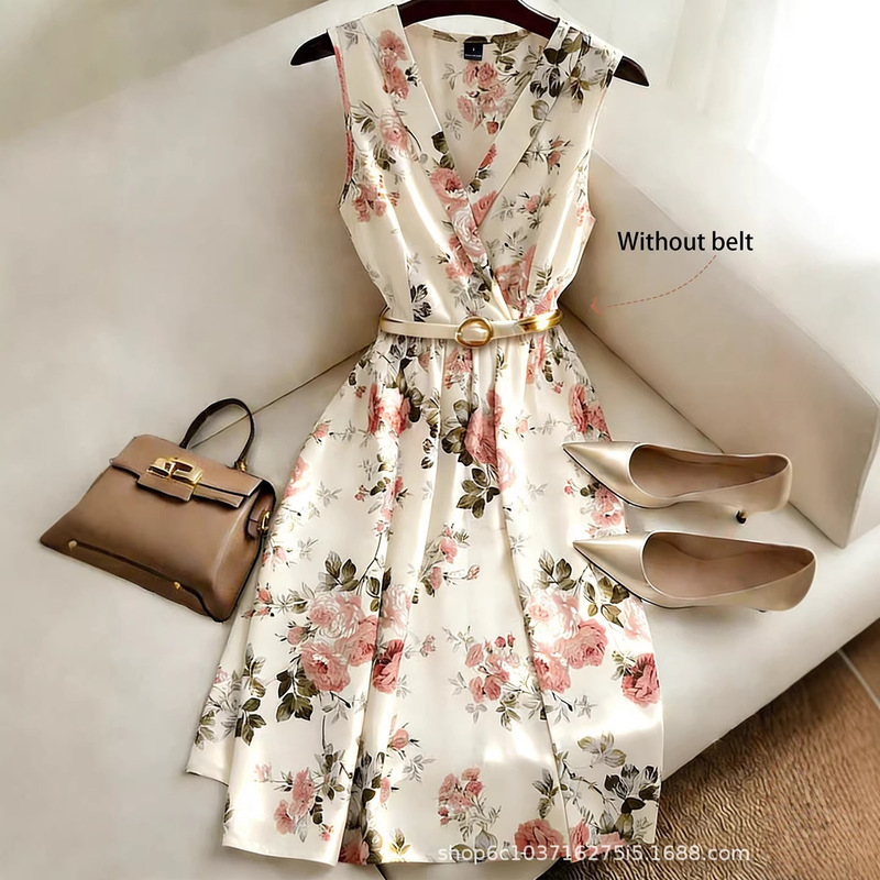 European and American Cross-Border Women's Clothing 2026 Summer V-Neck Sleeveless Waist-Cinching Tie Floral Print Mid-Length Commuter Dress European and American Cross-Border Women's Clothing 2026 Summer V-Neck Sleeveless Waist-Cinching Tie Floral Print Mid-Length Commuter Dress