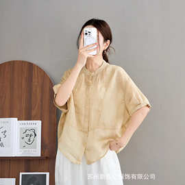 色织苎麻衬衫女2026春夏新款文艺时尚纯色立领中袖宽松衬衣开衫