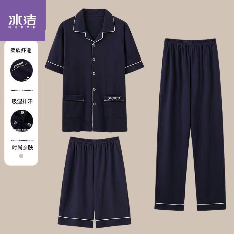 100% pijamas de algodón de los hombres de verano cardigan pantalones cortos de manga corta pantalones de tres piezas delgada más tamaño homewear traje