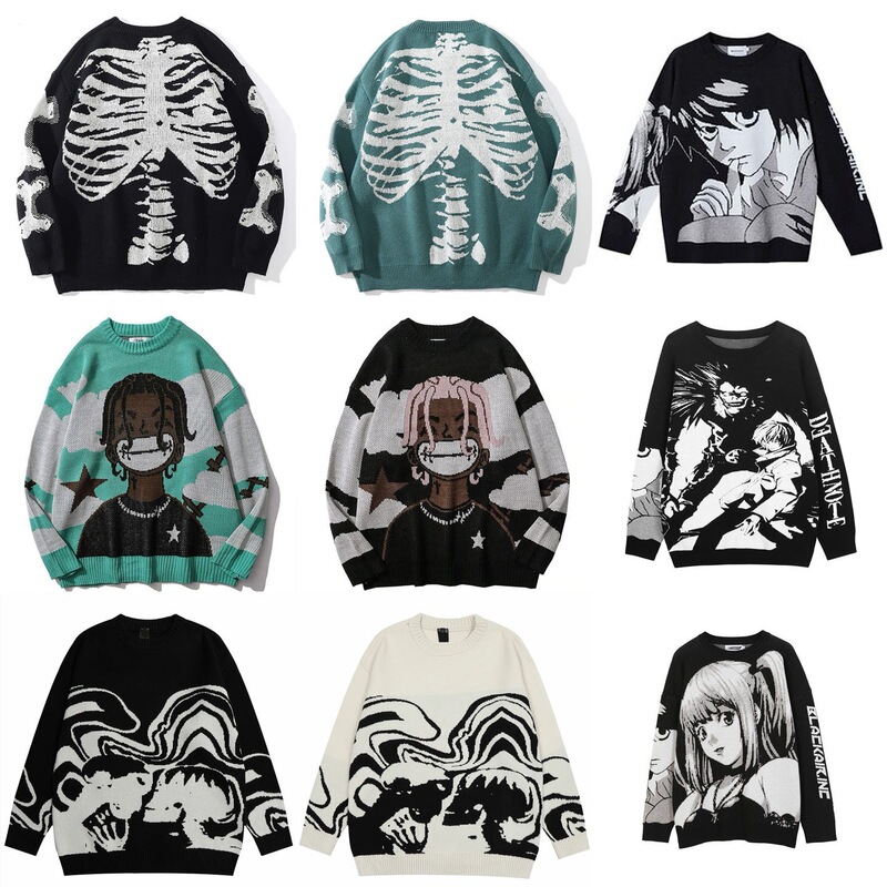 Japanese-Style Abstract Pattern Jacquard Knit Sweater Unisex Trendy Brand Loose Casual Lazy Style Winter Crew Neck Long-Sleeve Sweater Japanese-Style Abstract Pattern Jacquard Knit Sweater Unisex Trendy Brand Loose Casual Lazy Style Winter Crew Neck Long-Sleeve Sweater