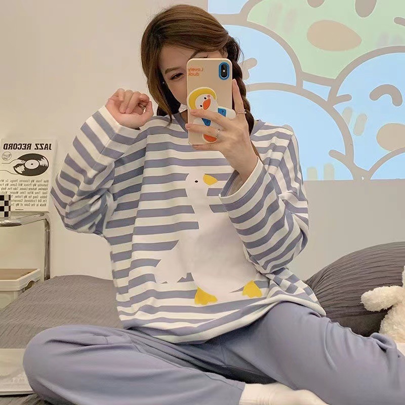 Pijamas de las mujeres de primavera y otoño estudiante ins dormitorio se puede usar fuera suelta más tamaño de dibujos animados de manga larga traje homewear