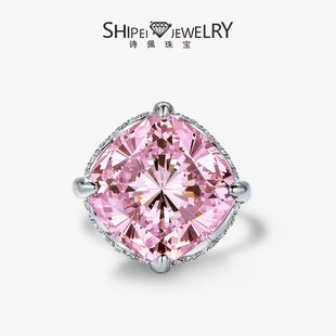 Shipei Jewelry High Carbon Diamond 925 Silver 8Ct Fat Square 14*14 Pink Pigeon Egg European and American Magazine Popular Women's Ring