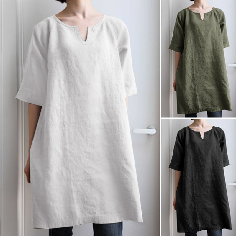 wish Amazon AliExpress Europe and the United States cross-border new solid color V-neck cotton and linen casual sleeve dress women 8895